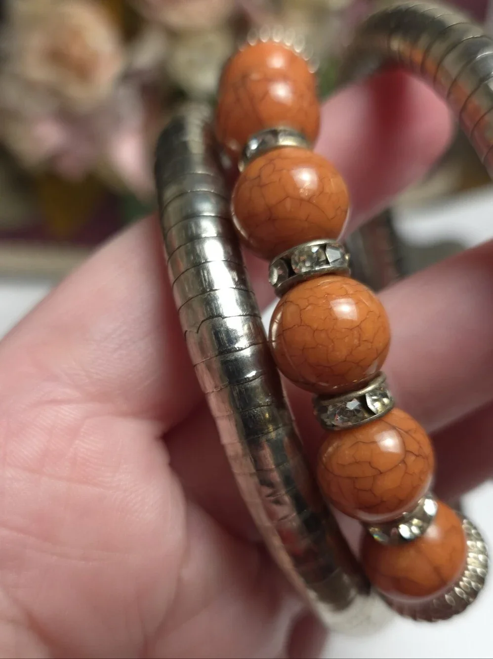 Vintage Orange Beaded Snake Coil Wrap Around Bracelet
